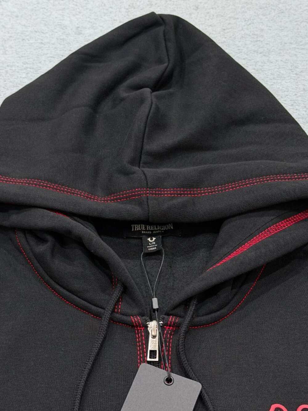 True Religion Mens TNL Puff Buddha Full Zip Hoodie Large L Black Red Stitch NWT - Picture 10 of 16